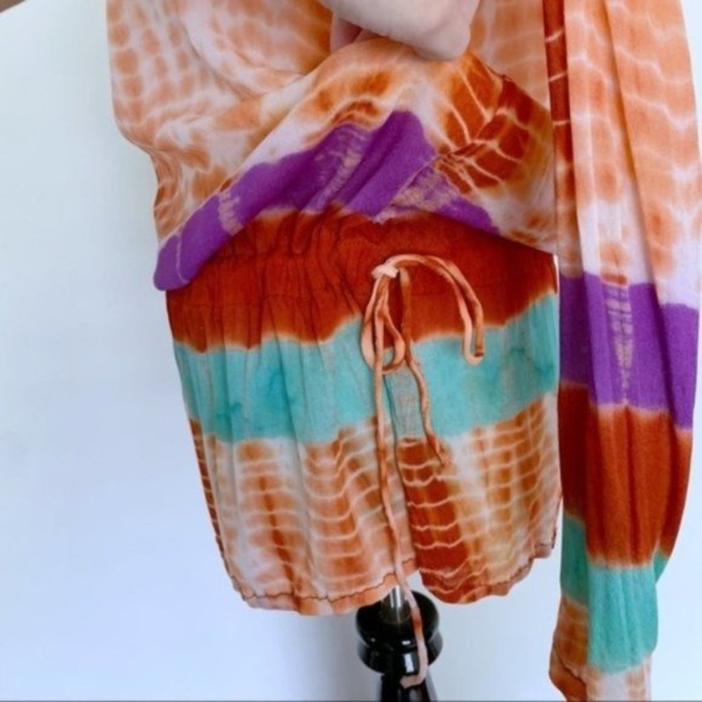 Monique Leshman Tie Dyed Orange Purple Aqua Boho Drawstring Tunic Medium - Picture 4 of 10
